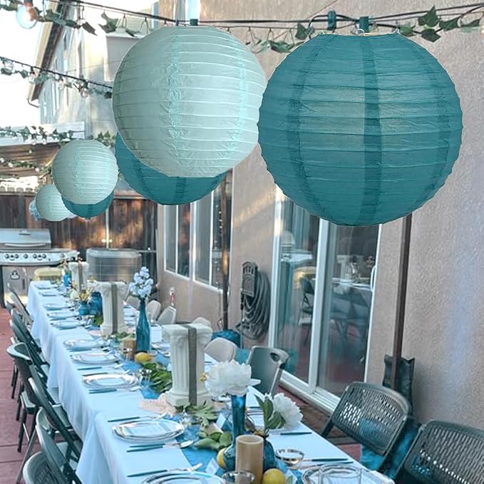20Pcs Teal Paper Lanterns Decorative, 6"8"10" Blue Hanging Round Paper Lanterns Decorative for Bridal Shower Baby Shower Engagement Wedding Birthday Party