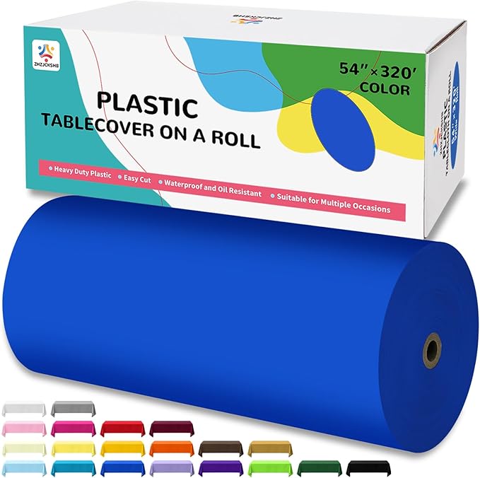 54IN X 320FT Plastic Table Cover Roll with Cutter Box, Cut to Size Plastic Table Cloths for Parties, Birthday, Disposable Tablecloth Roll for All Shape Tables (Blue, 54 Inch X 320 Feet)
