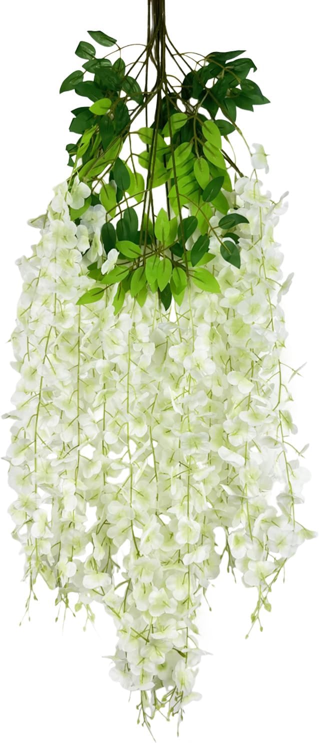 5 Pack White Green Wisteria Hanging Flowers Garland, 3.77 Feet Artificial Flower Vines, Fake Wisteria, Artificial Vines Hanging Garland for Backdrop Outdoor Yard Garden Decor