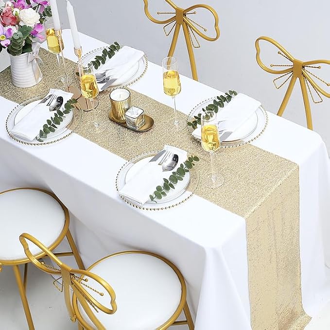 12 Pack Champagne Sequin Table Runner 12 x 108 Inch - High Density Sparkly Glitter Table Runners for Wedding, Baby Shower, Birthday, Banquet, Champagne Shimmer Party Decor