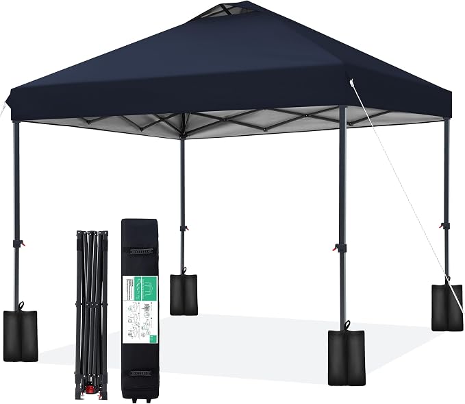 JEAREY 10x10 ft Pop Up Canopy Tent, Heavy Duty Outdoor Canopy with 1-Push Instant Setup, Commercial Tent with Roller Bag, 4 Sandbags and 8 Stakes, Water-Resistant – Navy-Blue