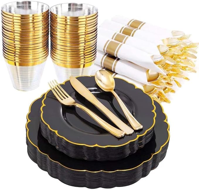 Morejoy 175PCS Black and Gold Plastic Plates, Black Plastic Dinnerware Set,Include 25 Dinner Plates, 25 Dessert Plates, 25 Cups , 25 Pre Rolled Napkins with Gold Silverware for Wedding & Party