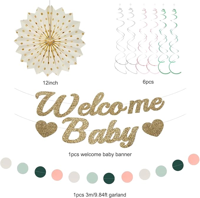 Pink Sage Green Baby Shower Decorations, Welcome Baby Banner with Honeycomb Balls, Paper Flowers, Lanterns, Fans, Circle Garland for Nursery, Gender Reveal Party Decor 19pcs