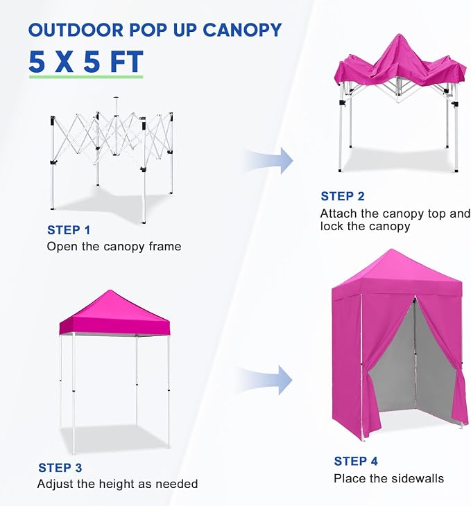 COOS BAY 5x5 Pop Up Canopy Tent with Side Walls, Easy Setup Portable Sun Shelter with Carry Bag, Outdoor Shade for Beach, Camping, Sports & Backyard, Pink