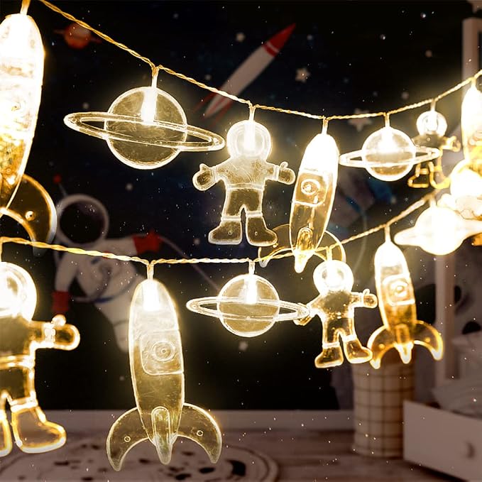AceList 50 LED Children's Room LED String Light Astronaut Spaceship Rocket Pendants Holiday Party Lights Wall Window Nursery or Kids Room Decor Wedding Around The Party Christmas (Warm White)