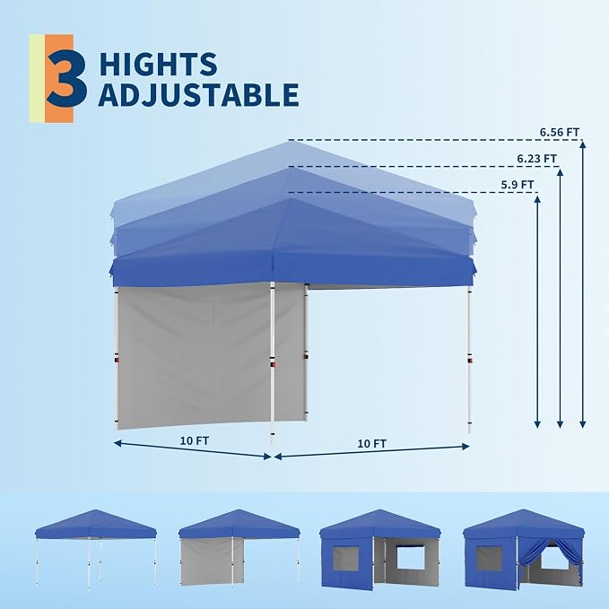 GarveeLife 10x10 Pop Up Canopy with One Sidewalls Easy Up Camping Tent with One Button Push Setup 1 Roller Bag 3 Adjustable Height 4 Weight Bags (Blue, 10x10 + 1 Sidewall)