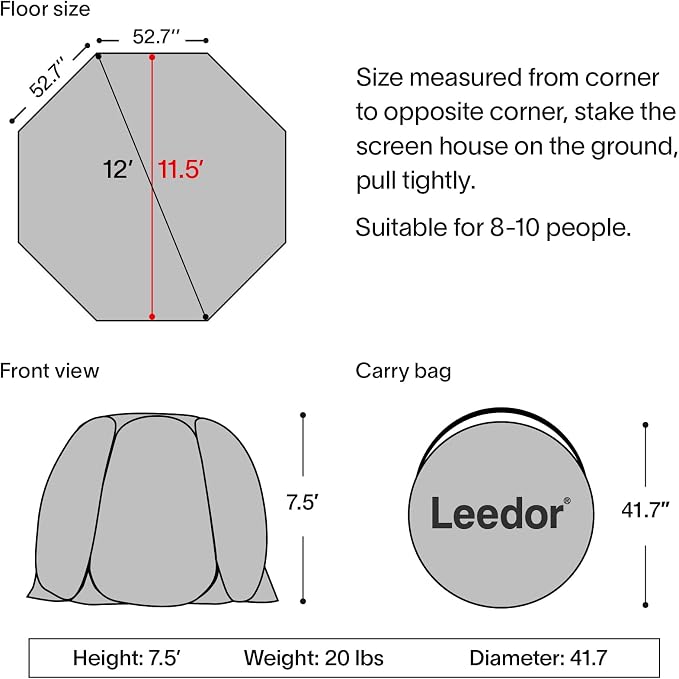 LEEDOR Pop Up Screen House, 6-10-15 Person Outdoor Screen Tent，Camping Screen Room with Carry Bag, Screened Gazebo with Mosquito Netting, Instant UV Resistant Sun Shelter for Garden, Patio, Backyard