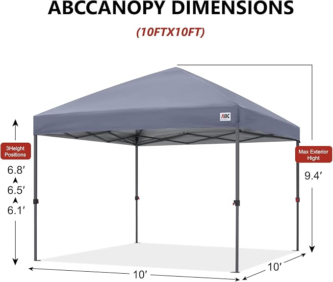 ABCCANOPY 10x10 Pop Up Canopy Tent, Easy Setup Instant Shelter with Wheeled Bag, Heavy Duty Outdoor Canopy for Beach, Market, Backyard, UV Protection, Outdoor Weather Protection (Light Gray, 10x10)