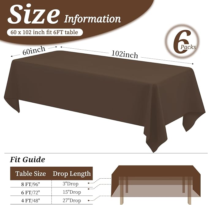 YMHPRIDE 6 Pack Brown Tablecloth 60 x102 inch Polyester Table Cloth for 6 Foot Rectangle Tables, Stain and Wrinkle Resistant Washable Fabric Polyester Table Covers for Wedding Party Banquet