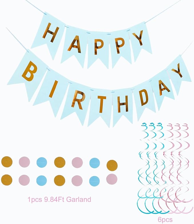 Birthday Party Decorations Kit Blue Pink & Gold, Happy Birthday Banner Garland Paper Pompoms, Flower Fans, Honeycom Ball , Lantern, Hanging Swirls, 20pcs