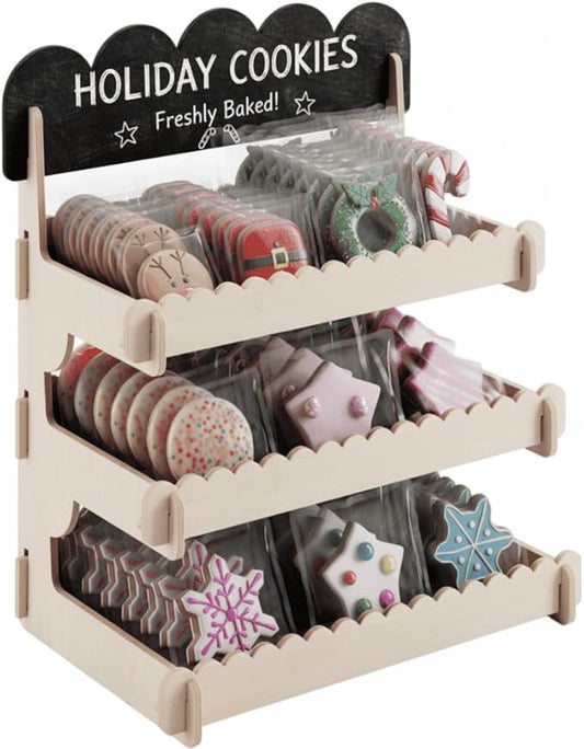 HOTCAN Cookie Display Stand for Bakers & Vendors - Wooden Cookie Stand with Chalkboard Sign for Market Booths, Craft Fairs & Events - Tiered Cookie Display for Cupcakes, Muffins & Pastries (Natural，3 Tire)