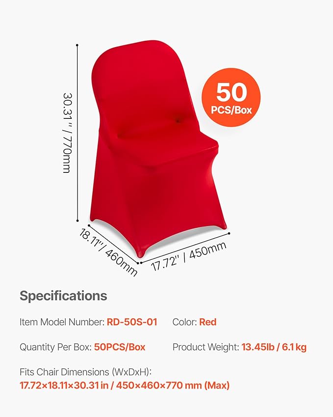 VEVOR Chair Covers, Polyester Spandex Chair Cover, Stretch Slipcovers for Wedding Party Dining Banquet Flat-Front Chair Covers (Red-c, 50PCS)