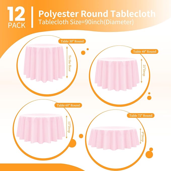Pesonlook 12 Pack Round Tablecloth Pink Polyester 90 Inch Washable Fabric Round Table Cover Pink Tablecloth for Wedding/Party/Banquet/Dining/Buffet Table