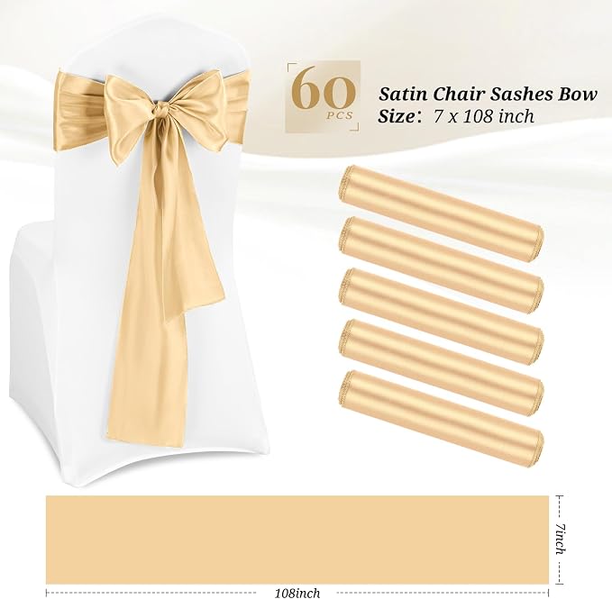 Pesonlook 60 PCS Champagne Satin Chair Sashes Bows Satin Sashes Universal Chair Cover for Wedding Reception Restaurant Event Decoration Banquet,Party,Hotel Event Decorations (7 x 108 inch)