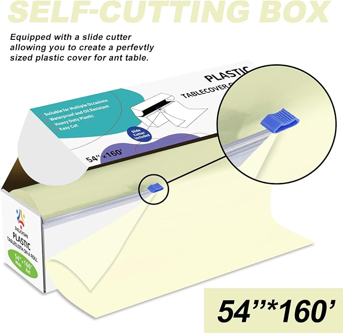 54IN X 160FT Plastic Table Cover Roll with Cutter Box, Cut to Size Plastic Table Cloths for Parties, Birthday, Disposable Tablecloth Roll for All Shape Tables (Beige, 54 Inch X 160 Feet)