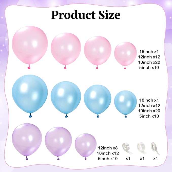 Pearl Pink Purple Blue Balloon Arch Kit, Pearl Pink Light Purple Blue Latex Balloon Garland, Different Sizes Iridescent Balloons for Wedding Mermaid Frozen Theme Baby Shower Birthday Party Decorations