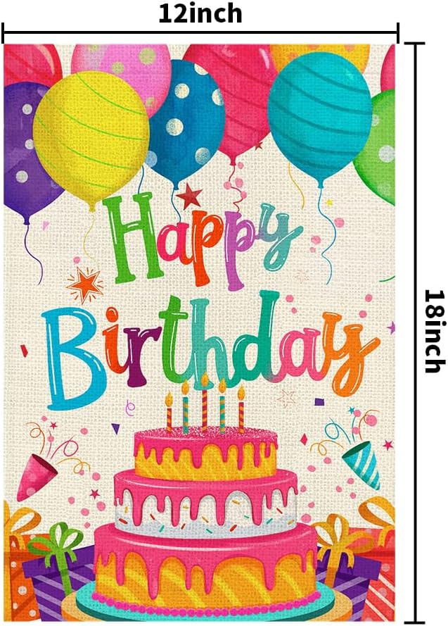 Happy Birthday Garden Flags 12x18 Double Sided Burlap, Colorful Balloon Cake Toppers Personalized Banner Farmhouse Yard Sign Birthday Party Outdoor Decorations DF576