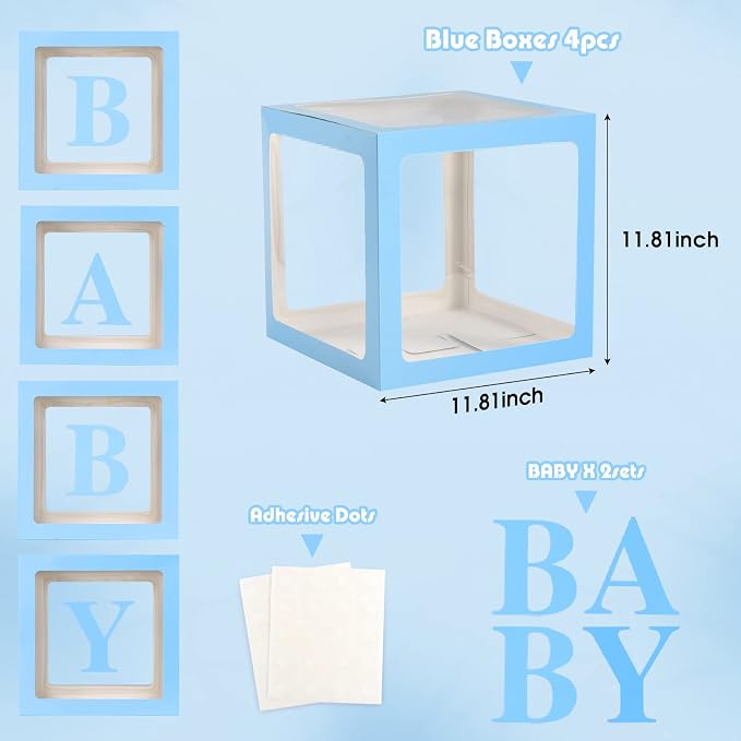 Baby Boxes with Letters for Baby Shower Decorations - 4 Transparent Balloon Boxes for Gender Reveal (Blue)