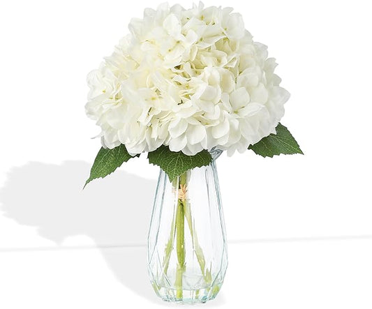 5-Piece Artificial Hydrangea Arrangement in Glass Vase - Fade-Resistant Silk Flowers with Faux Water for Table Centerpieces