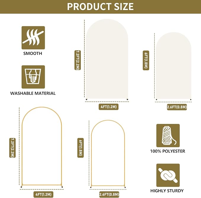 2 Pack Arch Backdrop Stand and Cover Set (7.2FT/6FT), Balloon Arch Stand, Metal Background Arch Stand, Backdrop Arch Frame, Wedding Arch for Backdrop (Ivory Cover)