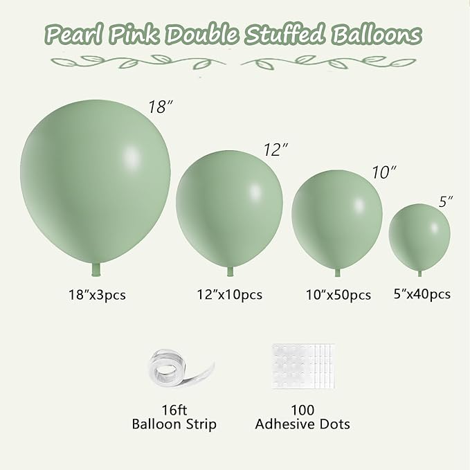 108Pcs Dusty Green Double Stuffed Balloons Different Size, 18/12/10/5 inch Light Olive Mist Green Balloons Garland Arch kit for Baby Shower Neutral Birthday Bridal Party Decoration