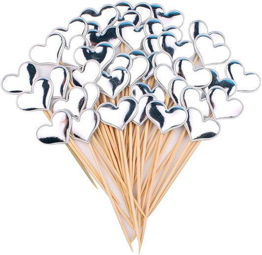 ECYC 50 Pcs Heart Glitter Cake Topper, Twinkle Cupcake Picks for Wedding Birthday Baby Shower Party,Silver