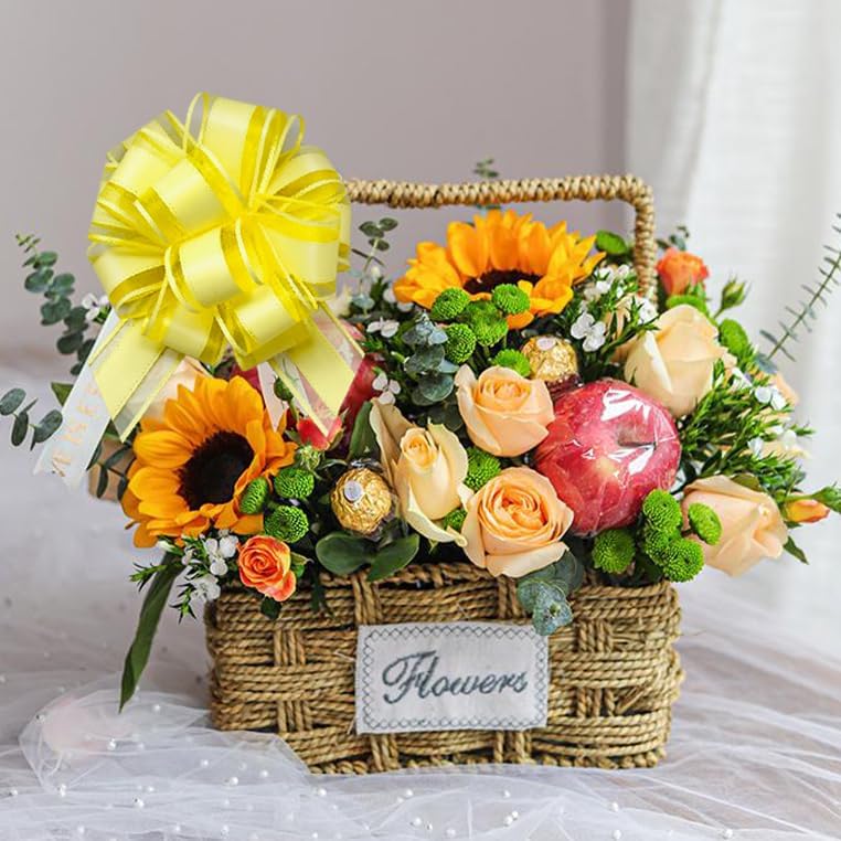 6 Pieces Large Pull Bows, 6 inches, Floral, Yellow, Organza, Wedding, Baby Shower, Bridal Shower, DECORATIVE RIBBON TRIM, 6 Count