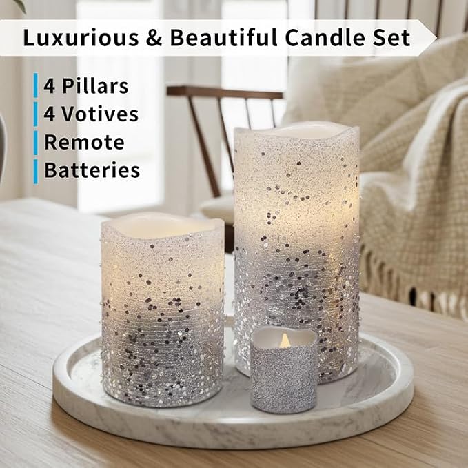 FURORA LIGHTING Silver Glitter LED Candles, 8-Pack Set with Remote & Timer | Includes 4 pillars and 4 votives. Creates a sleek, modern winter metallic ambiance perfect for elegant entertaining.