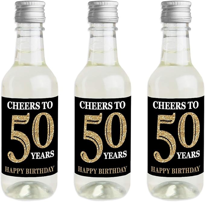 Big Dot of Happiness Adult 50th Birthday - Gold - Mini Wine and Champagne Bottle Label Stickers - Birthday Party Favor Gift for Women and Men - Set of 16