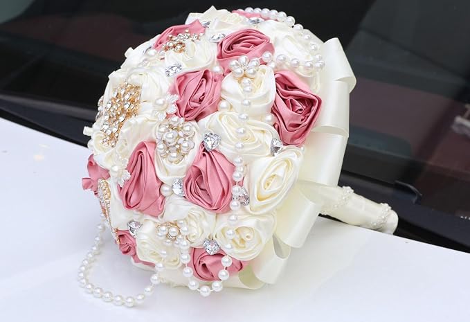 Dusty Pink Rose and Ivory Wedding Bouquet with Rhinestone Brooch Pearl String Satin Flower Cascade Bridal Bouquet for Bride Bridesmaid Quinceanera Wedding 6.3in