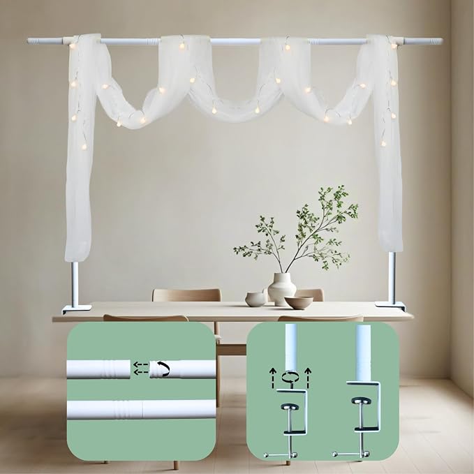 Beyeutao Table Rod Stand with Clamps H16-45’’ L16-87’’ Adjustable Over The Table Rod Stand with White Mesh Curtain Table Arch Balloon Arch Stand for Wedding Birthday Christmas Party