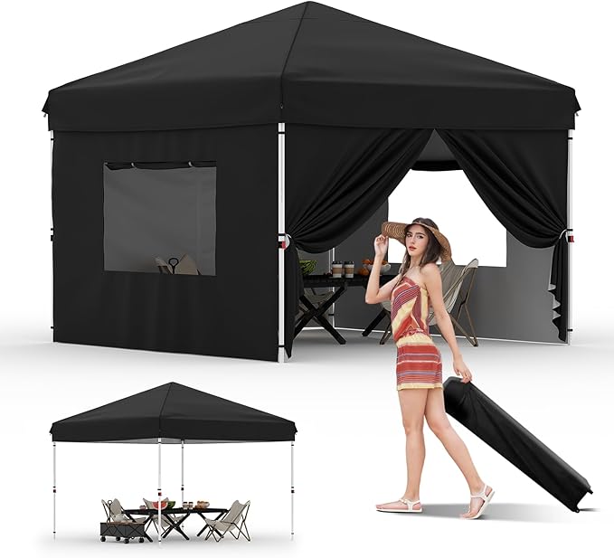 GarveeLife Pop Up Canopy Tent with 4Pcs Sidewalls, Portable Instant Commercial Canopy with 4 Stakes, 4 Ropes, 4 Sandbags for Farmers' Market, Patio, Outdoor, Camping, Black