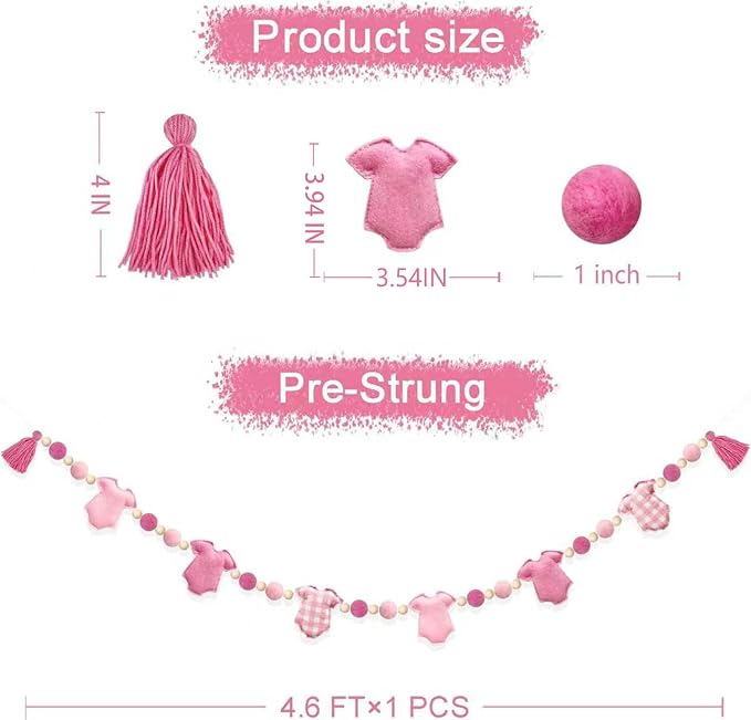 Pink Plaid Baby Clothes Decorations Pre-Strung Handmade Felt Baby Clothes Wool Felt Ball Wooden Bead Banner Garland for It's a Girl Sweet Baby Girl Baby Shower Party Nursery Home Fireplace Wall Decor