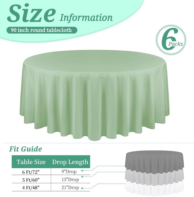 YMHPRIDE 6 Pack Round Tablecloth Sage Green Table Cloths 90 Inch Polyester Round Tablecloth,Sage Green Tablecloths Round 90 inch Washable Fabric Table Covers for Wedding,Party,Dining,Banquet