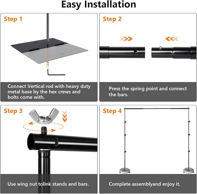 HYJ-INC Pipe and Drape Photography Backdrop Stand Kit Adjustable Photo Background Stand 10ft x 8.5ft with Metal Base for Parties Weddings Birthday Party Events Photo booth With 4 Clamps,Carrying Bag.