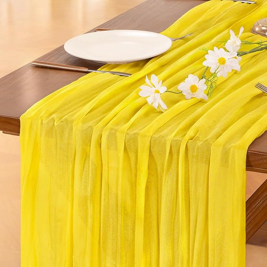 Socomi 2pcs Yellow Spring Cheesecloth Table Runner Boho Rustic Gauze 120 inch 10FT Cheese Cloth Runner for Wedding Party Baby Shower Birthday Home Decor