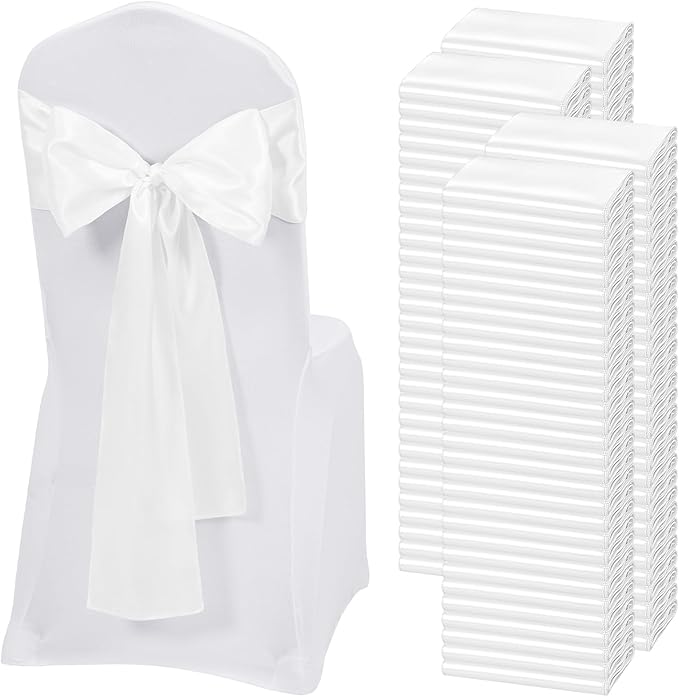 120 PCS White Satin Chair Sashes, Ties Bows Designed Chairs Decorative, Chair Cover Sashes for Thanksgiving Wedding Christmas Banquet Party Home Kitchen Decoration (7 x 108 inch)