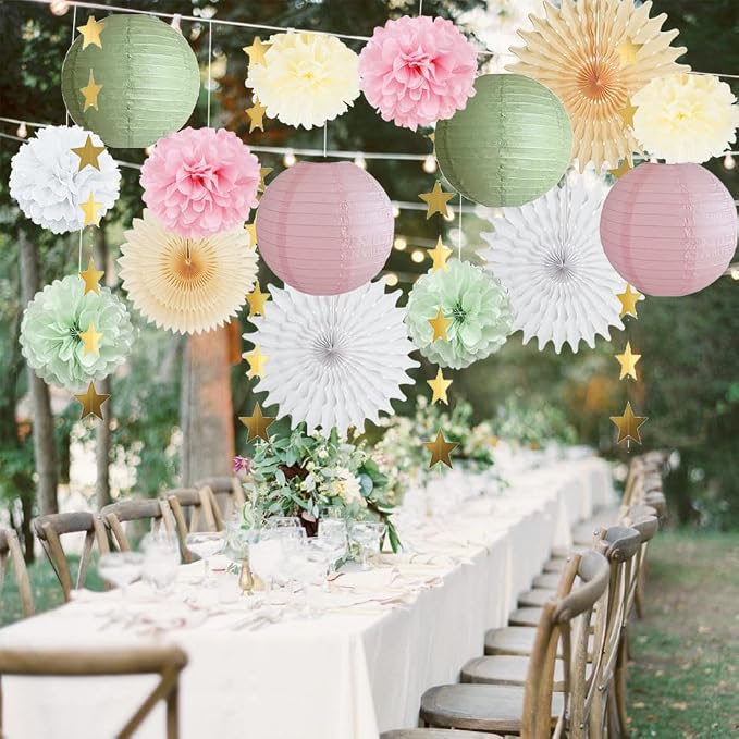 Sage Green and Pink Party Decorations Paper Lanterns Decorative Pink Gold Tissue Paper Pom Poms Sage Green Party Decorations Gold Star Garland for Baby Shower Bridal Shower Birthday Wedding Engagement