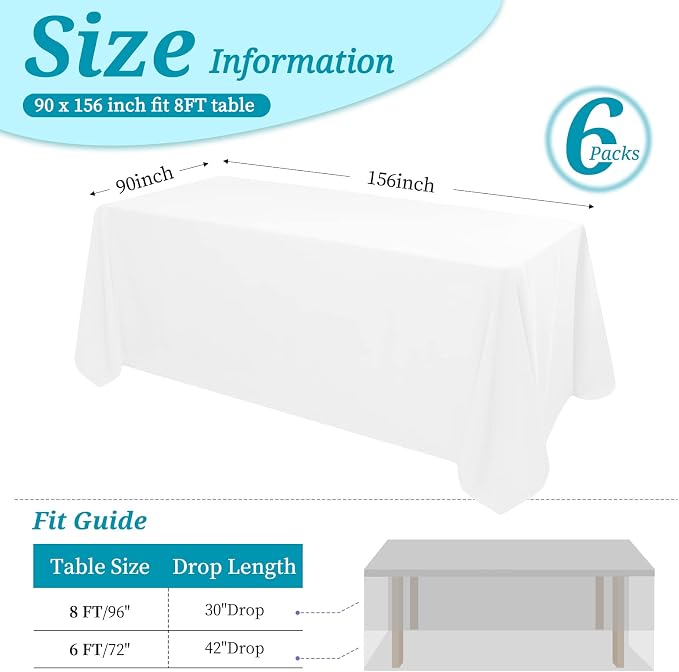 6 Pack Tablecloth 90 x 156 inch Polyester Table Cloth for 8 Foot Rectangle Tables,Stain and Wrinkle Resistant Washable Fabric Table Covers Polyester White Table Clothes for Wedding,Party,Banquet