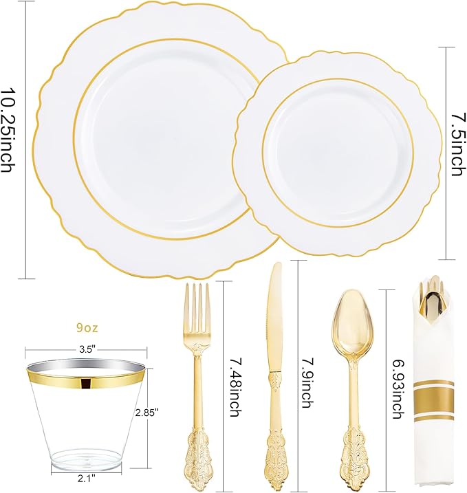 Liacere 175pcs Gold Plastic Plates - White and Gold Disposable, 50PCS Plastic Dinner Plates, Perfect for Wedding & Party & Holiday & Mother's Day & Easter Day