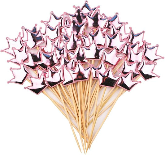 ECYC 50 Pcs Crown Glitter Cake Topper, Twinkle Cupcake Picks for Wedding Birthday Baby Shower Party,Pink