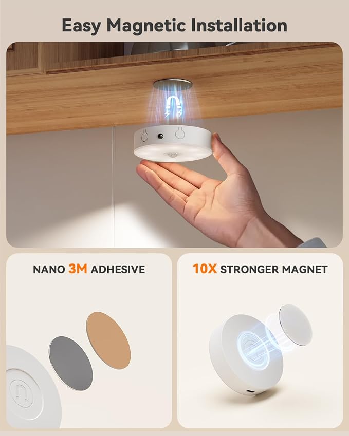LENOMA Puck Lights with Remote, Rechargeable Under Cabinet Lighting, 3 Color Temps, 12 RGB Color LED Motion Sensor Lights Wireless, Dimmable Tap Lights for Closet, Kitchen, Shelf, Stair, 8 Pack