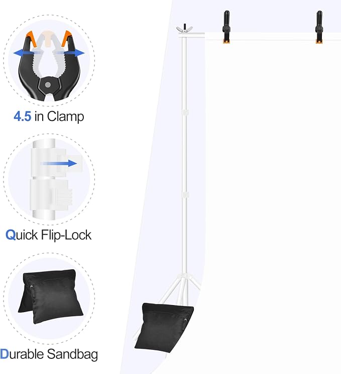 EMART Backdrop Stand 10x8.5ft(WxH) Photo Studio Adjustable Background Stand Support with 2 Crossbars, 6x6Inch Clamps, 8 Black Clamps 2 Sandbags and Carry Bag for Parties Wedding, Photography -White