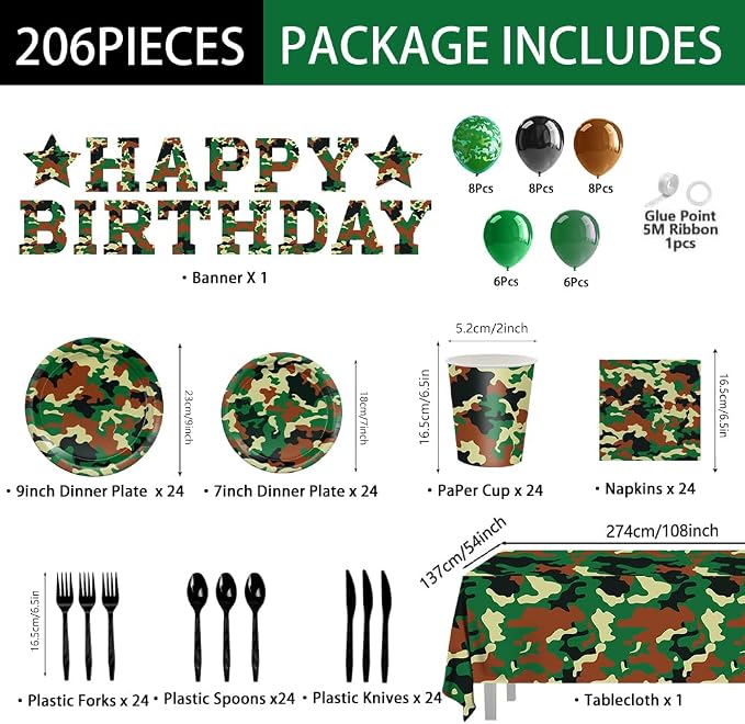 206pcs Camo Party Decorations Paper Plates Napkins Camouflage Tableware Set Disposable Cups Forks Knives Spoons with Camo Tablecloth Banner for Boy Camouflage Hunting Military Birthday Party Supplies