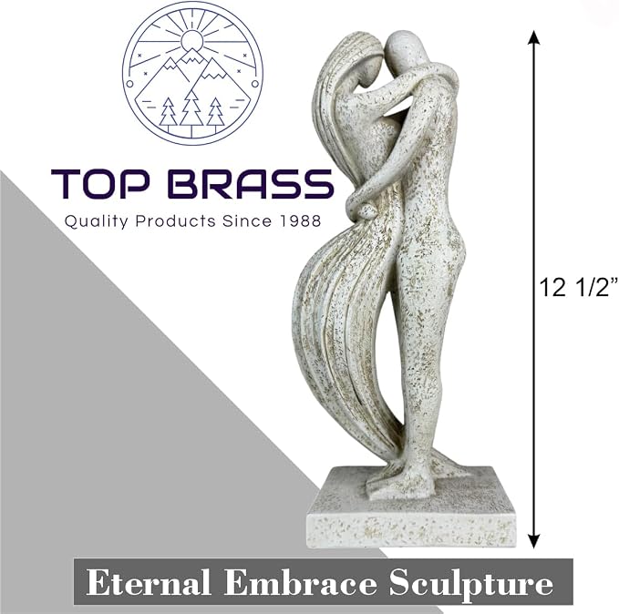 Top Brass Eternal Embrace Romantic Couple Sculpture – 12 1/2” Resin Lovers Statue (Graphite Kiss & Moon-wash Limestone) – Modern Home Décor Wedding Anniversary Love Art (Moon-wash Limestone)