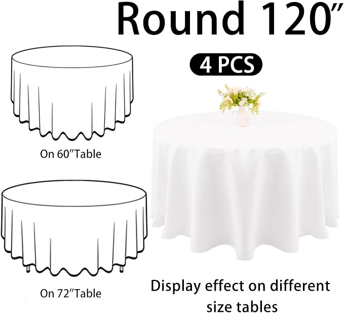 4 Pack 120 Inch White Polyester Round Table Cloth Washable Fabric Table Covers for Wedding Dining Table Buffet Parties Banquet Decor