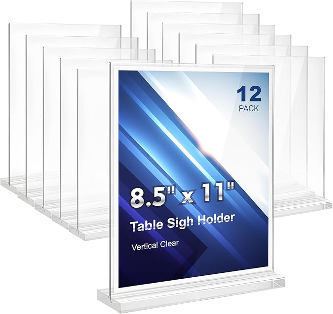 Comix Acrylic Sign Holder 8.5x11 Inches, 12 Pack Double Sided Clear Display Stand Plastic Table Top Paper Stand, Vertical Menu Flyer Holder for Restaurants, Store, Office
