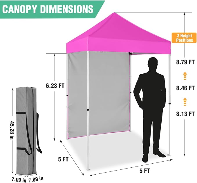 5x5 Pop Up Canopy Tent with One Sidewall, Instant Portable Beach Canopy, Outdoor Tent with Carry Bag for Camping, Sports, Tailgating, Events, Pink