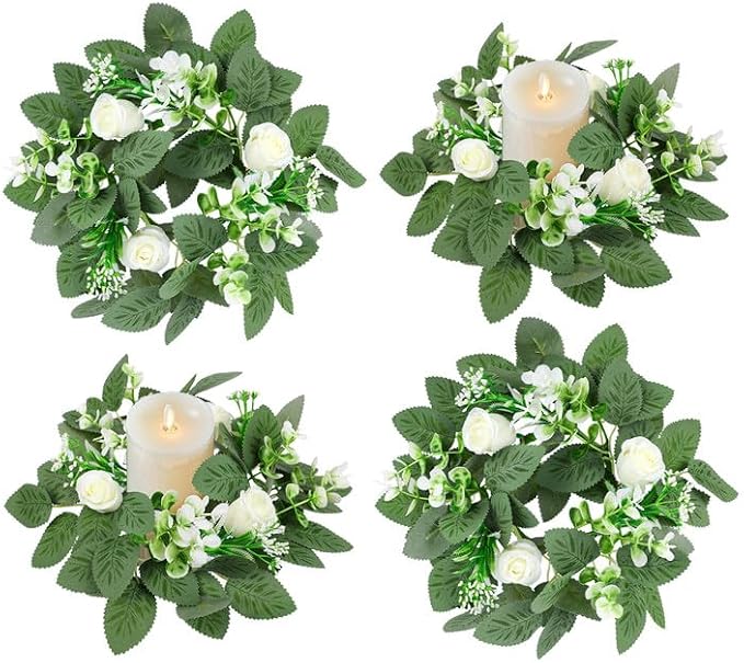 4 Pcs White Rose Candle Rings, 9 Inch Small Eucalyptus Wreath with White Roses & Baby Breath, Artificial Floral Candle Wreath Rings for Pillar Candle Wedding Table Centerpieces Home Decor