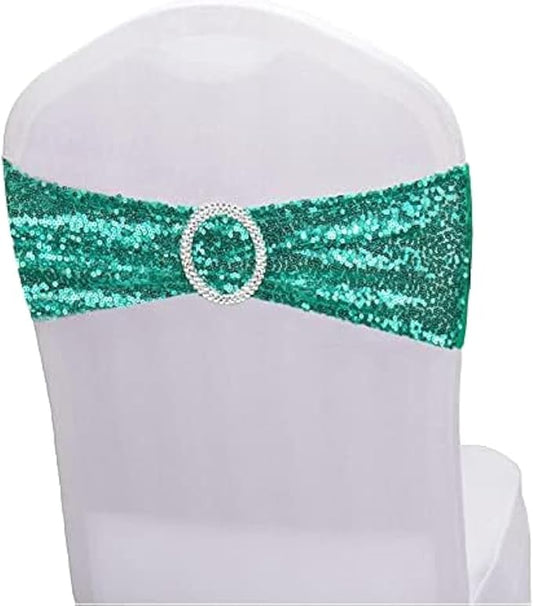Sequin Chair Sashes Spandex, Pack of 50 Sequin Stretch with Buckle Chair Bands for Wedding Banquet Birthday Graduation Party Anniversary Prom Celebration Chair Decorations (Teal, 50pcs)